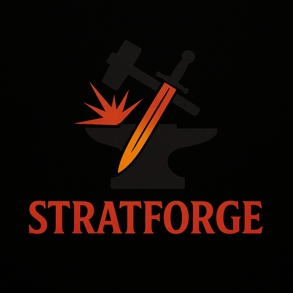 STRATFORGE anvil, hammer, and glowing blade logo